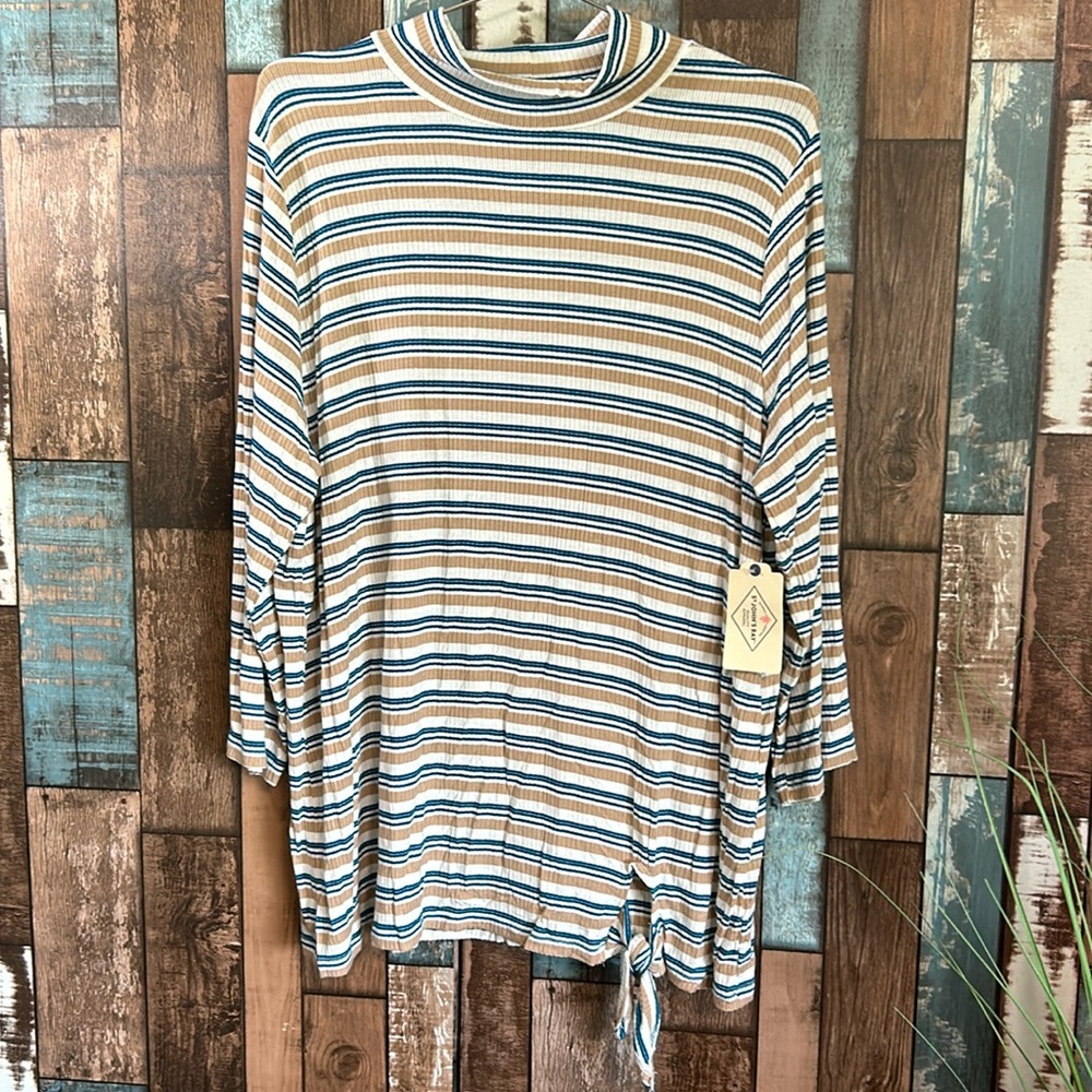 St. John's Bay Striped Mock Neck Long Sleeve Top in Cream, Blue, Tan